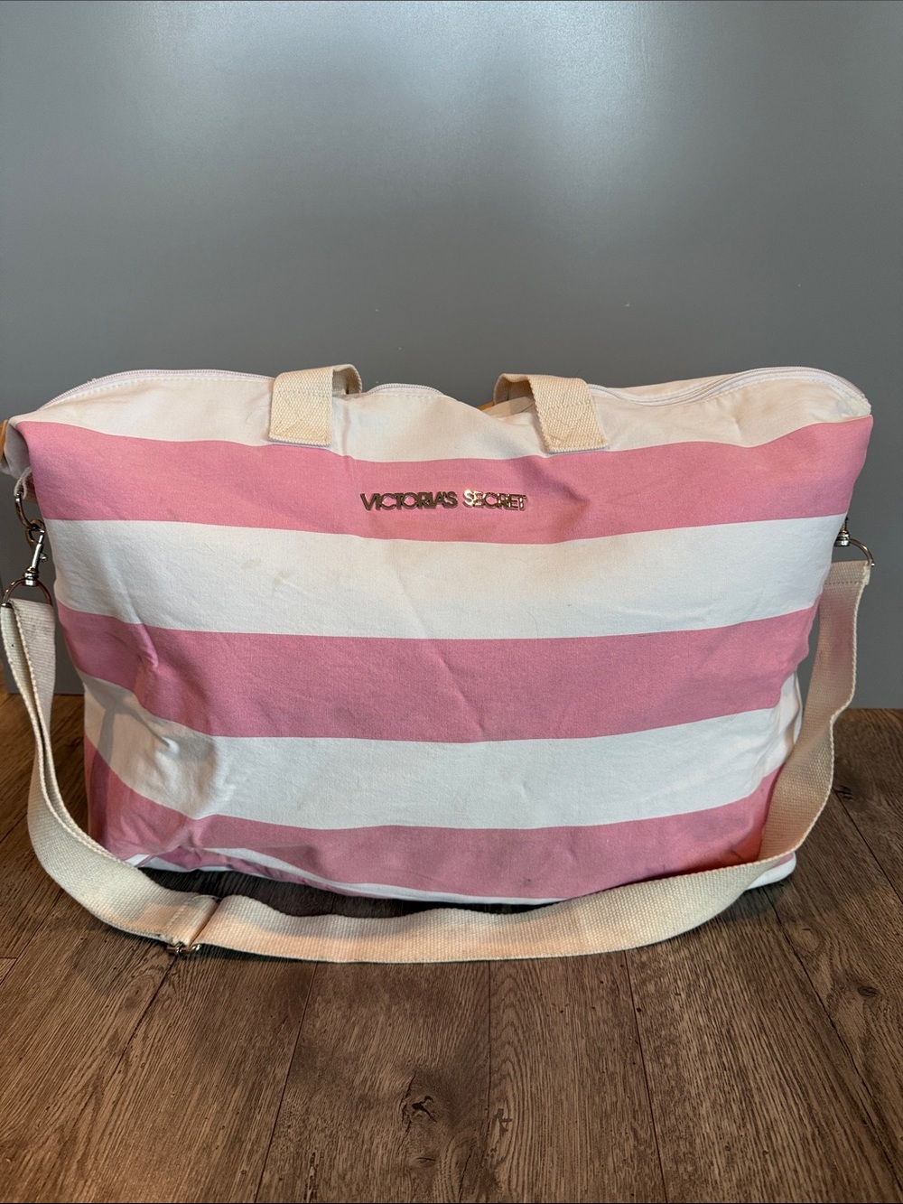 Vintage Victoria's Secret Pink and White Striped Canvas Tote